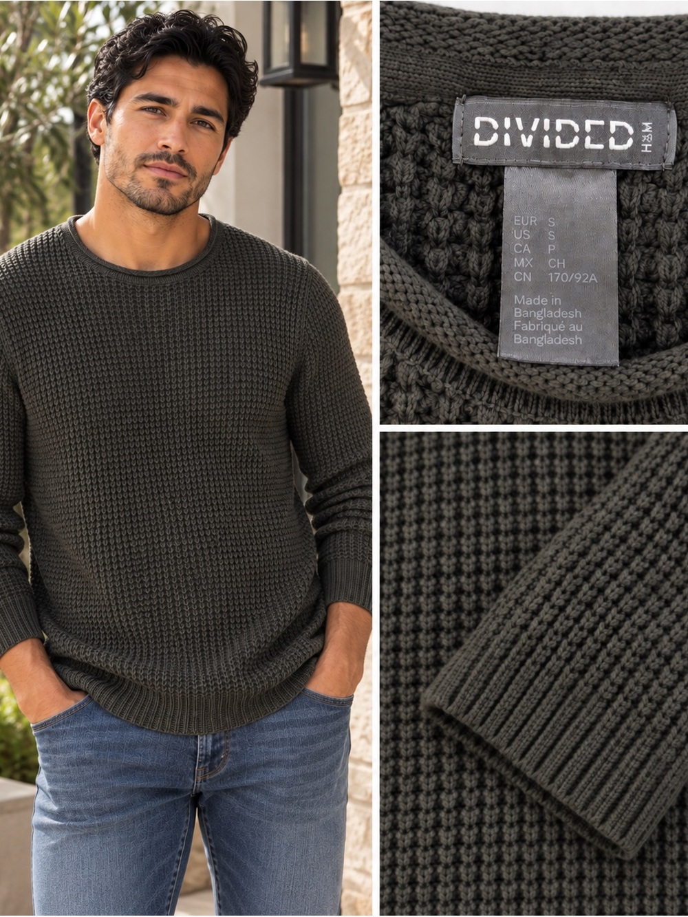 Divided Men's Olive Green Waffle-Knit Crewneck Sweater